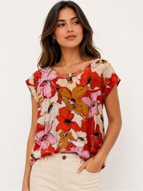 NINE WEST Floral Blouse Cap Sleeve Lightweight Colorful Top Extra Small